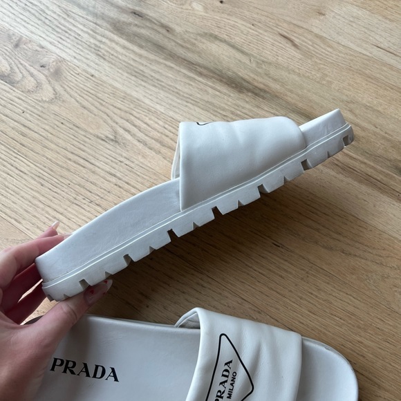 Prada White Leather Logo Slides - Picture 6 of 7